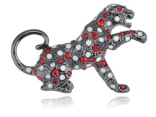 RUBY RHINESTONE GUNMETAL PLATED DOGGY BROOCH PIN  