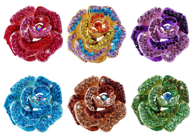 Fashion 6PCS Mix Color Flower Alloy&Rhinestone Brooches  