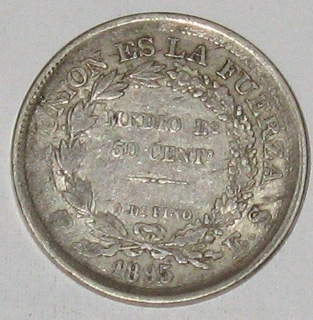 1895 BOLIVIA 50 SILVER CENTAVOS VF .3817 OZ ASW K45  