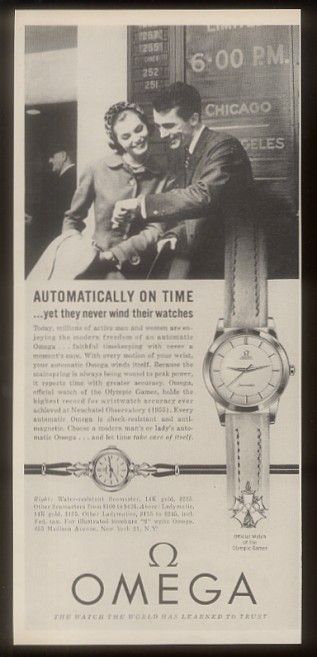 1957 Omega Seamaster & Ladymatic watch photo print ad  