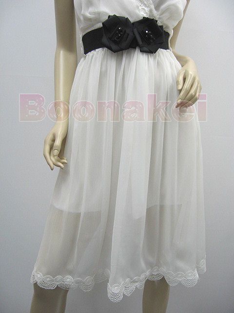 White Chiffon Embroidered Hem Dress wtih Belt S D045  