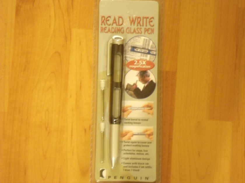 New Penguin read & write reading glass pen 2.5X magnification blue 