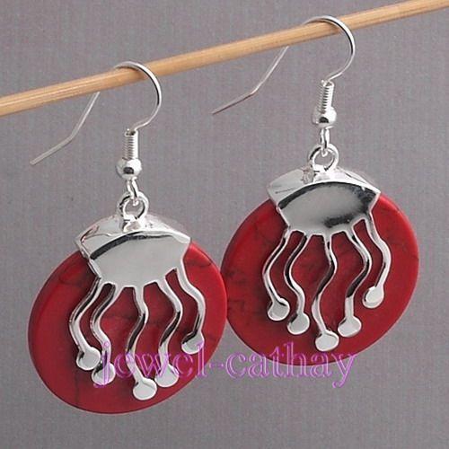 Popular Silver Plate Red Round Turquoise Dangle Earring  
