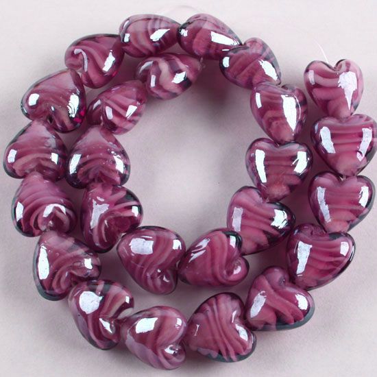 STR PURPLE LAMPWORK GLASS HEART GEMSTONE LOOSE BEADS  