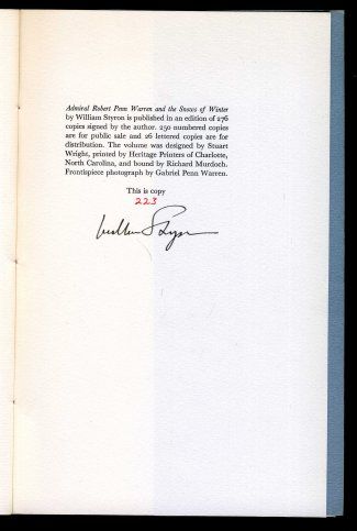 William STYRON. Admiral Robert Penn Warren 1978 SIGNED  