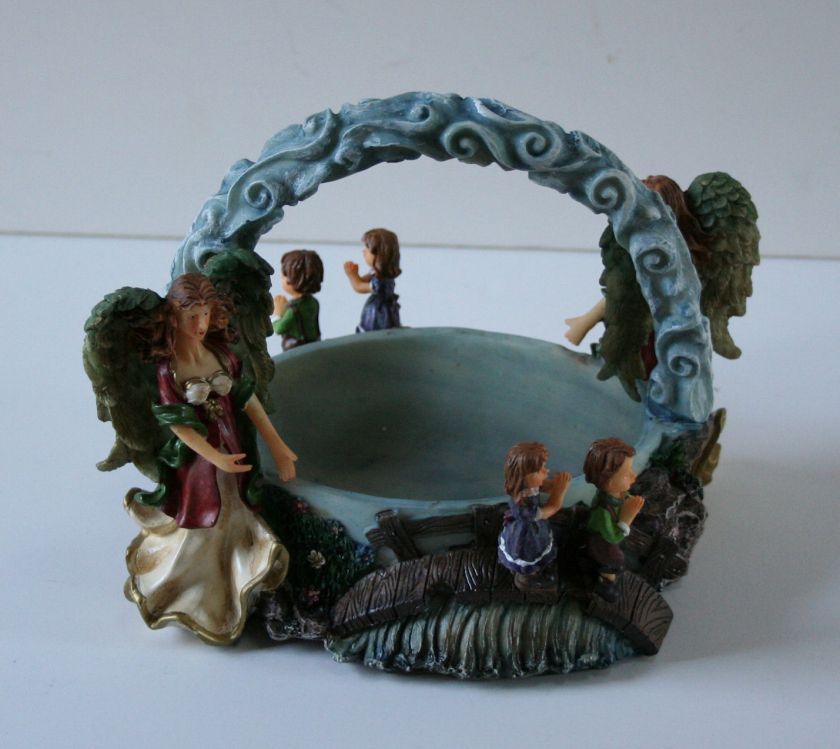 Cold Cast Resin Angel and Praying Children Handled Basket  