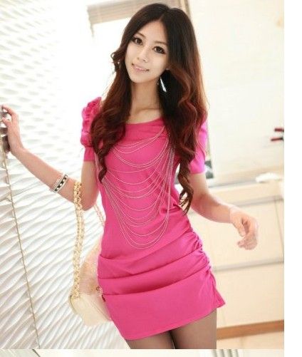 HOT SALE Slim Hubble Bubble Sleeve Ladys Dress Rose  