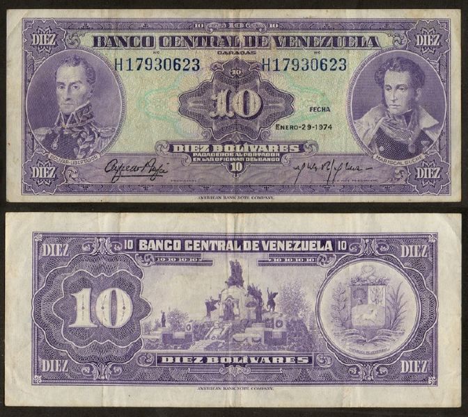 Venezuela 10 + 20 Bolivares 1974 vf Rare  