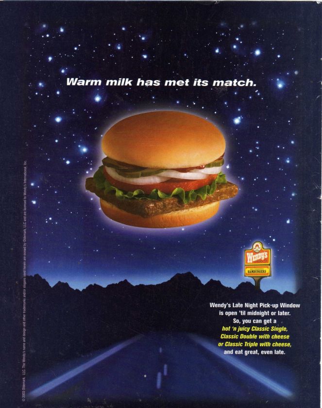 2004 VINTAGE print AD WENDYS LATE NIGHT Warm milk match  