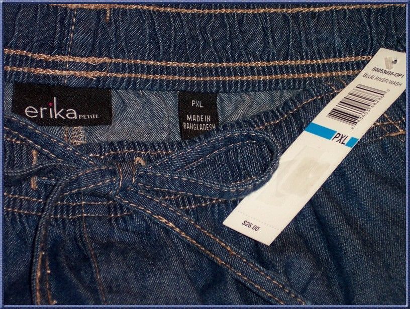 NWT ERIKA Womens Elastic Waistband BLUE JEAN CAPRI PANTS PXL Blue 