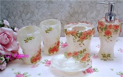 Victorian Princess 5 pcs Shabby Rose Bathroom Accessory Set #F   Milky 