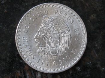 1947 1948 Cinco Pesos Cuauhtemoc 0.900 oz Silver $5 Mexican Sliver 