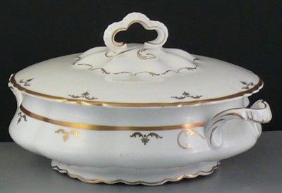   China Covered Vegetable Bowl Casserole Gold White Elegant Dish  