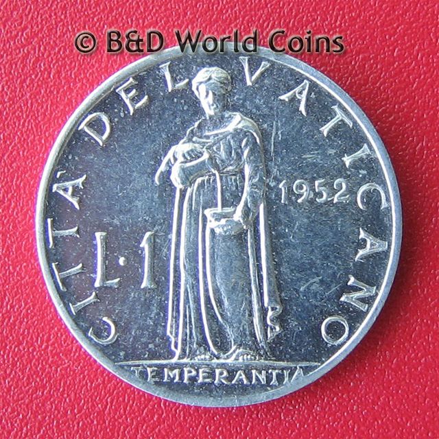 VATICAN CITY 1952 ONE 1 LIRA POPE PIUS XII 17mmAluminum  