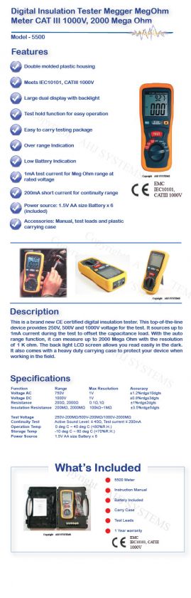 NEW PRO INSULATION TESTER MEGGER OHM METER CAT III 1000  