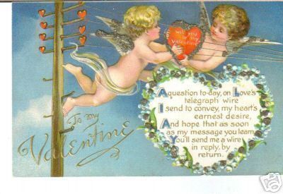 Valentines Day Cupid Telephone lines art postcard 1900s  