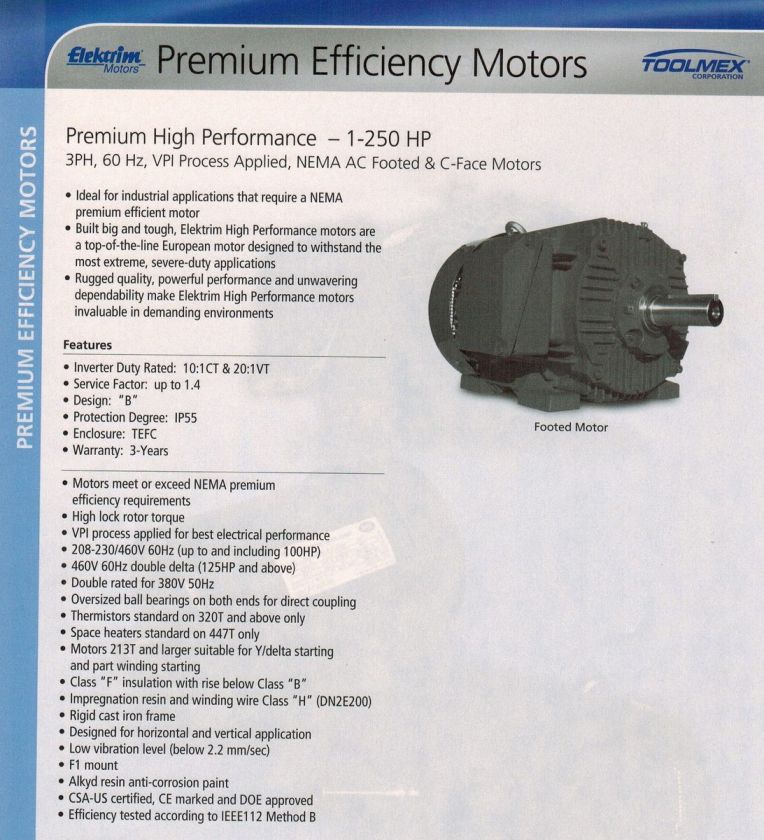 Premium Effiency Motors Elktrim Toolmex 1 HP 1800 RPM  