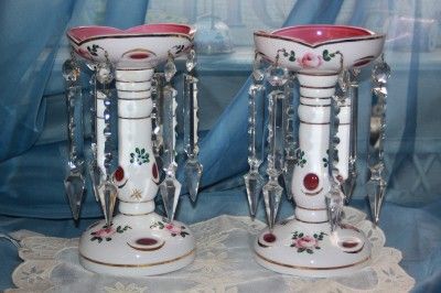 Vintage PAIR BOHEMIAN CZECH MANTLE LUSTRES Case Glass White Overlay to 