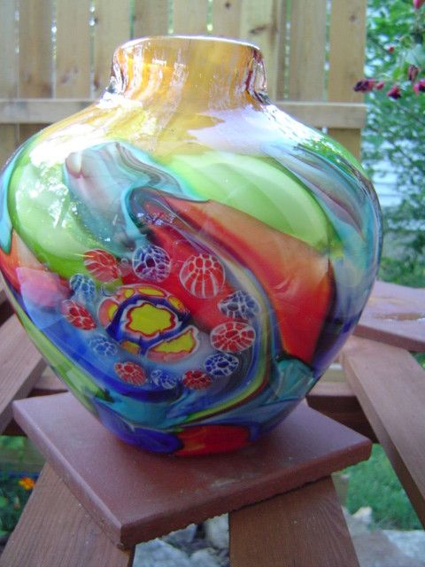 Red Blue Murano carnival art Glass Sculpture round VASE  