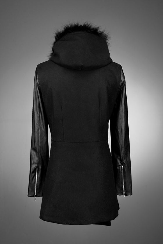   Leather Sleeve Long Coat with Fur Trimmed Hood BLACK, DARK GRAY 4MZ