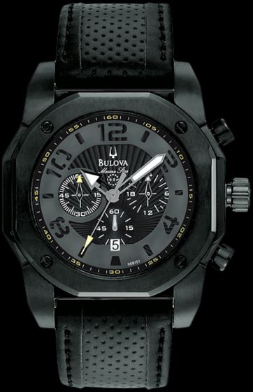 Bulova Marine Star Chronograph Black On Black Leather Mens Watch 