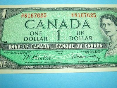   Canada 1 Dollar Note c1954 / Nice Colorful Note / Banque Du Canada $1