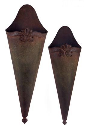 Pair Rust Iron Rustic Wall Mount Pocket Vase Cone  