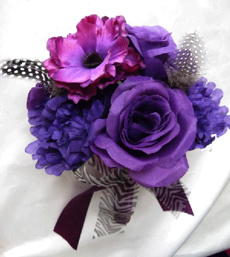 Wedding Bouquet Bridal Silk flowers PURPLE PLUM BLACK/ WHITE FEATHERS 