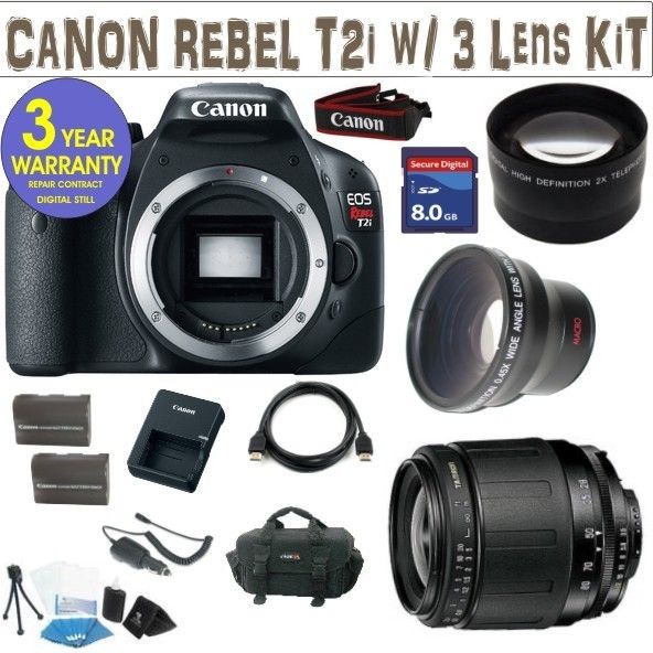   NEW CANON REBEL T2I w/ 3 LENS BASIC TAMRON KIT 013803123784  