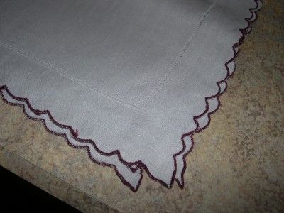 VINTAGE GRAY LINEN BURGANDY TRIM TABLECLOTH & NAPKINS  