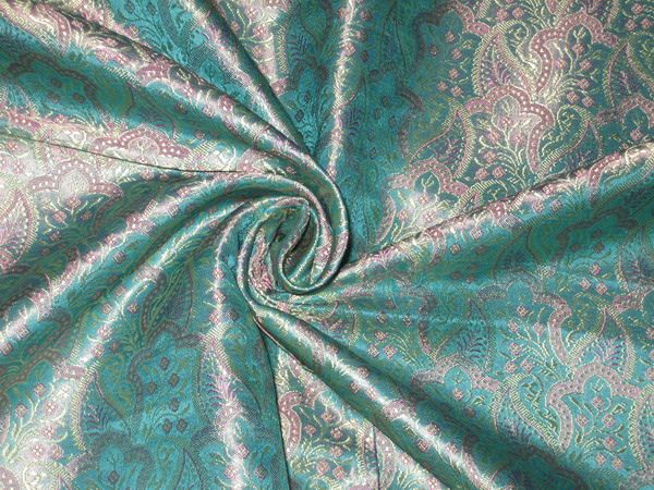 Pure Silk Brocade Fabric Sea green,pink & gold Colour  