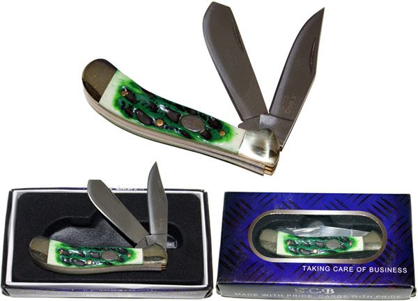 Green Handle 2 Blade Saddlehorn Folding Pocket Knife  