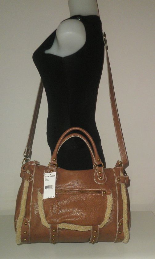 STEVE MADDEN HANDBAG CAMEL BROWN FAUX LEATHER & SHEARLING SATCHEL 