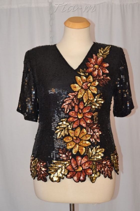 Stenay 100% Silk Gold Black Short Sleeve Beaded Gala Top Blouse Women 