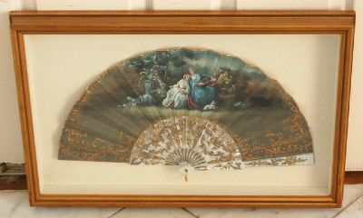 ANTIQUE SPANISH SIGNED HAND PTD MOP GILDED STAVES FAN  