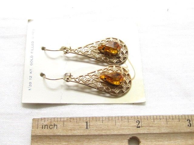 Vintage CATHE 12Kt GF wire rhinestone Filigree EARRINGS  