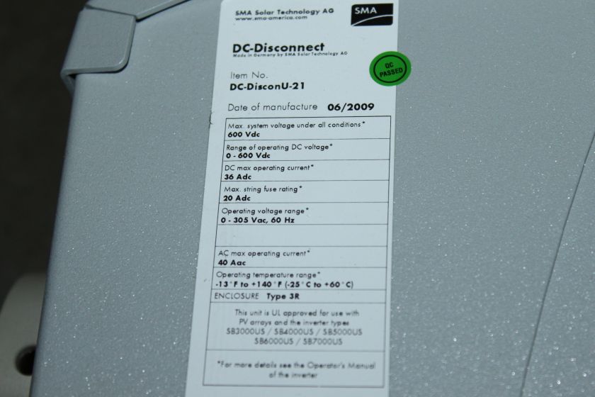 SMA SOLAR TECHNOLOGY DC DISCONU 21 DC DISCONNECT SWITCH  