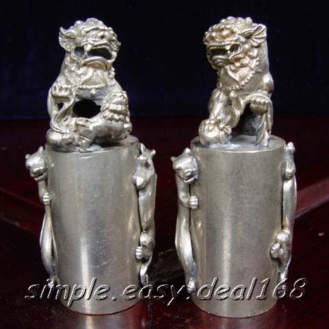 Nice a Pair Old Sliver Carved Lion Stamp Mini Figure  