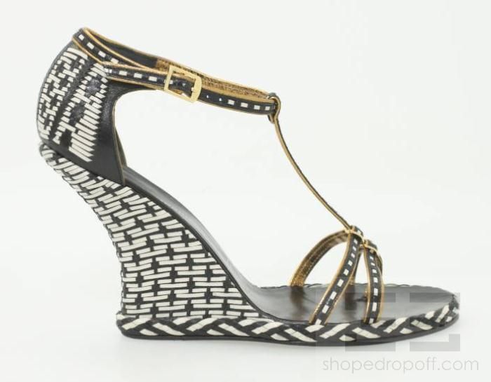 Sigerson Morrison Black & White Woven Ikat Leather Rocker Wedge Heels 