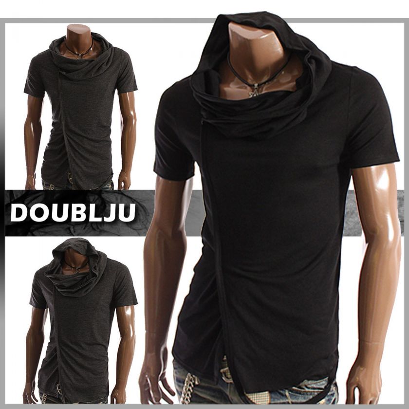 doublju Mens Shirring Hood T Shirts BLACK/CHARCOAL (ZZ01)  