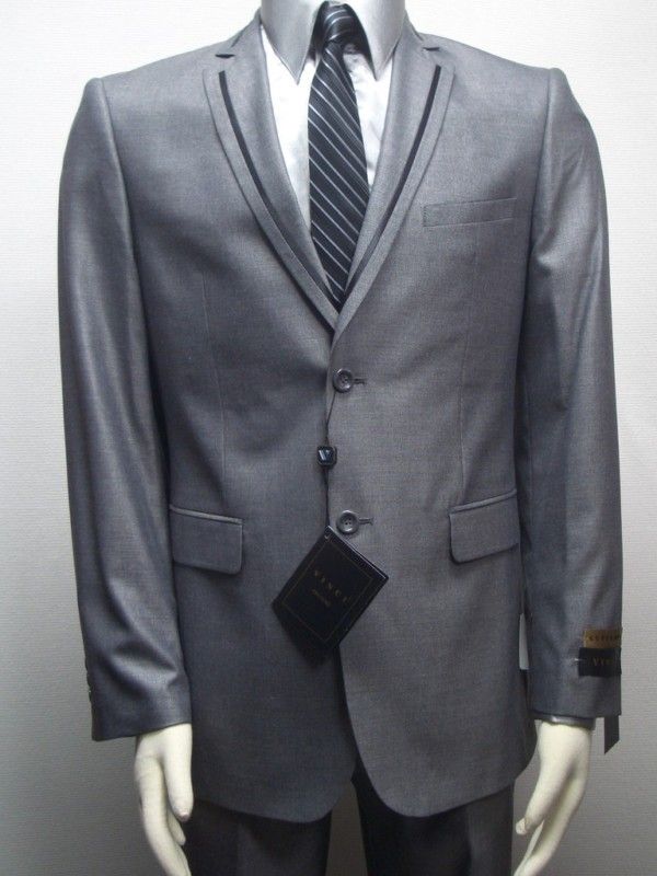 MENS SHARKSKIN SLIM FIT GRAY DRESS SUIT SIZE 46L NEW  