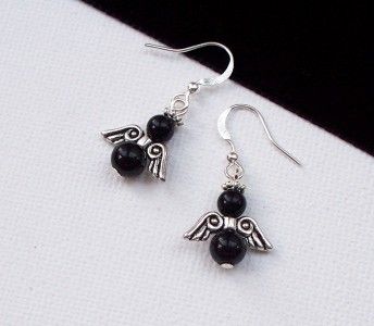 SHORT BLACK DANGLY ANGEL EARRINGS ~ GOTH ~ 3cm  