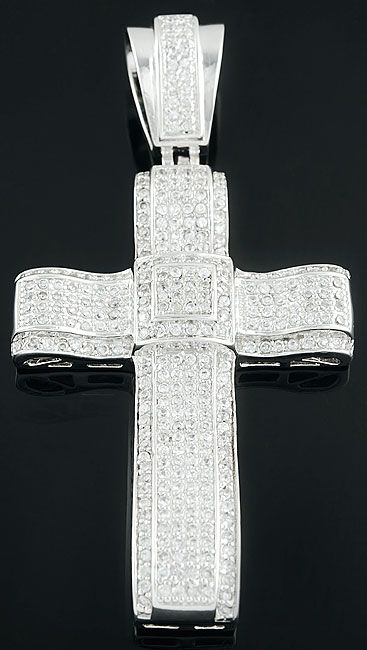   Sterling Silver Micro Pave Bling CZ Large Hip Hop Cross Pendant Charm