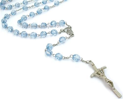 Blue Papal Rosary Beads Necklace 32 Long Miraculous  