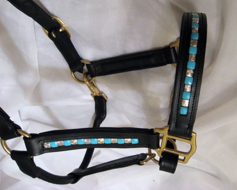 Delfina Leather Horse Halter Turquoise Beaded Cob OS  