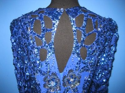   Blue Sequin Beaded Glam Dress Drag Queen Cut Out Back Sleeves L  