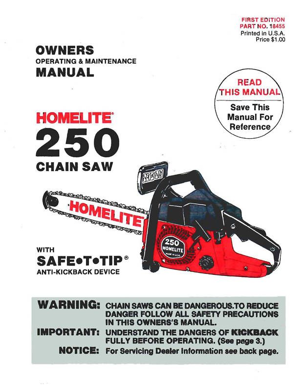 HOMELITE 250 CHAIN SAW Owners Manual with Parts List  