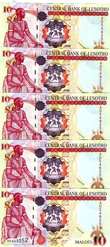 LOT Lesotho, 5 x 10 Maloti 2009, P 15 New, UNC  