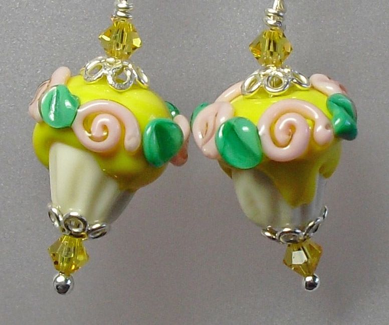 Cupcake Earrings Lampwork Sterling Silver and Swarovski  