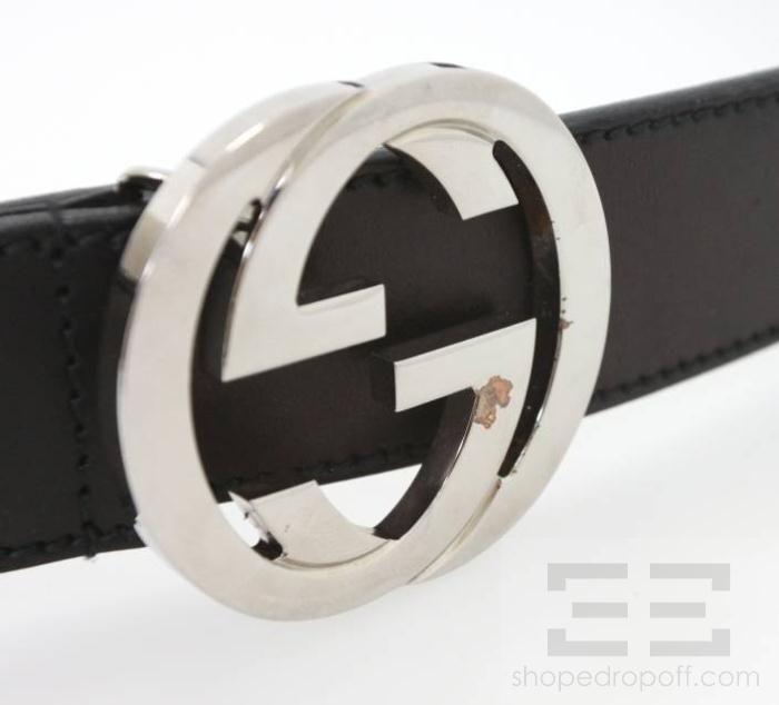 Gucci Black Leather & Silver Interlocking G Buckle Belt Size 90/36 